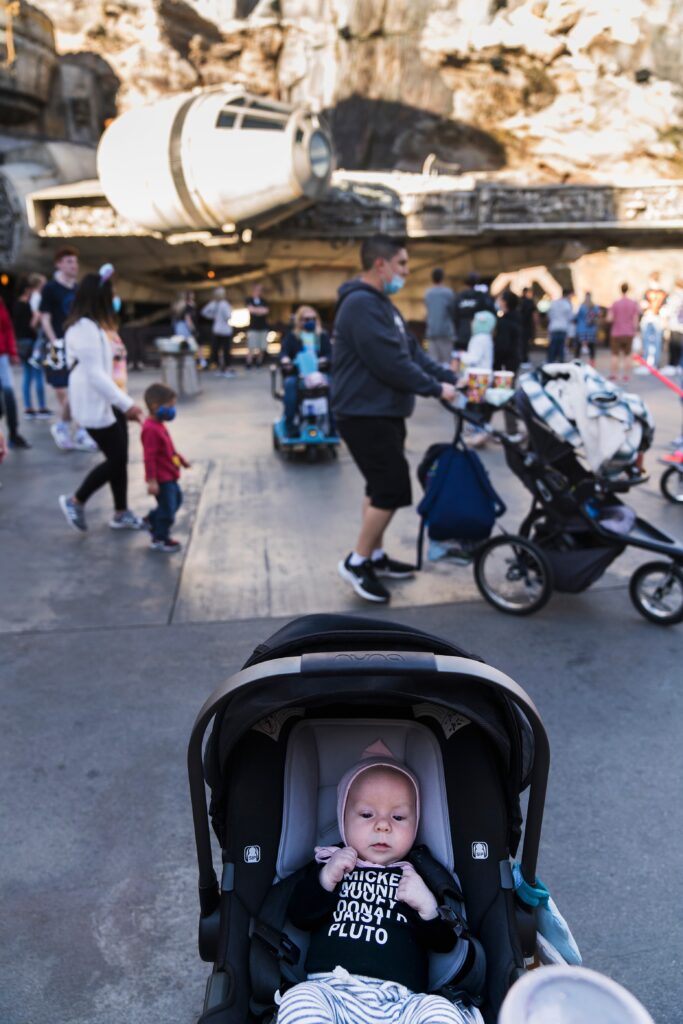 Baby in stroller in Galaxy's Edge in Disneyland