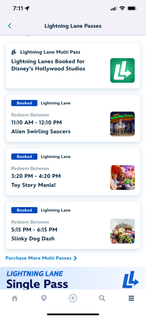 Screenshot of booked lightning lane multipass at Walt Disney World