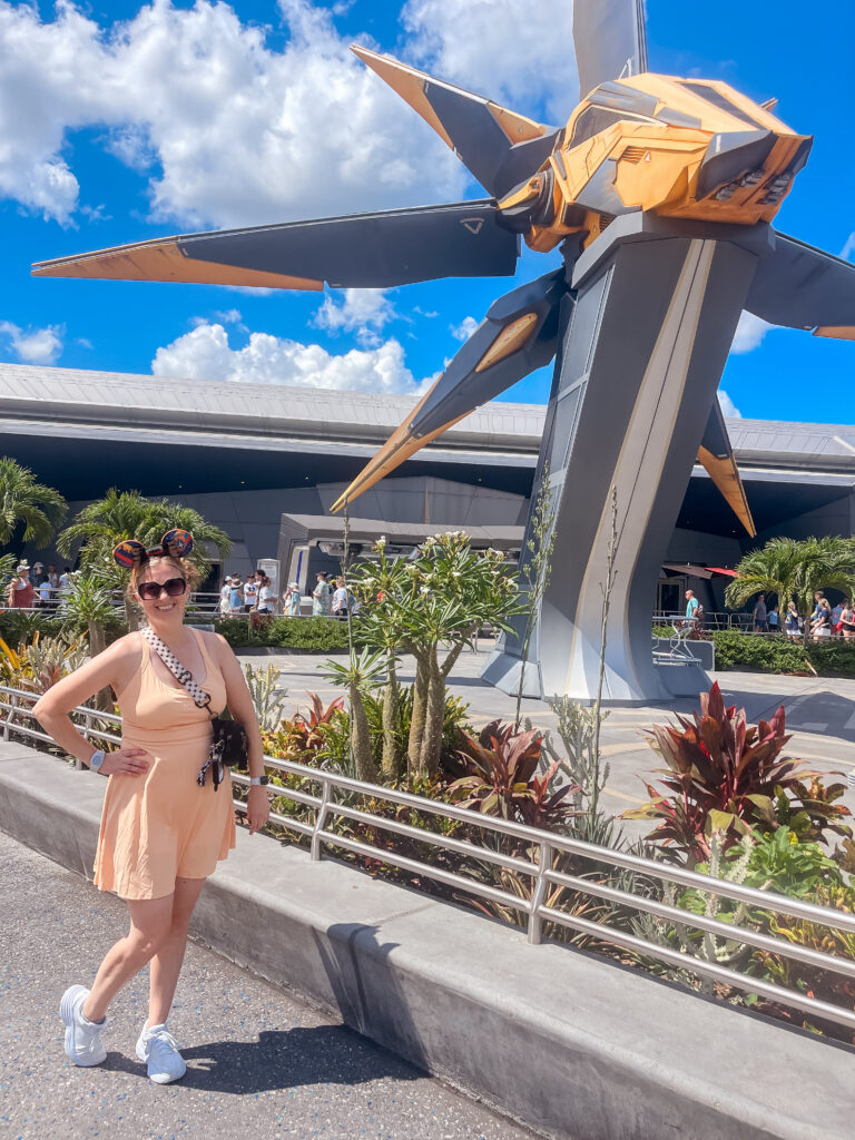 Neyssa Lee standing near the spaceship from Guardians of the Galaxy, Lightning Lane Single Pass EPCOT