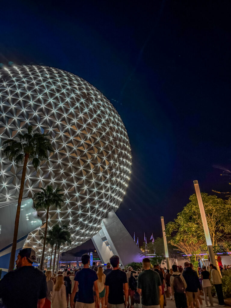 back of EPCOT ball with lights at night