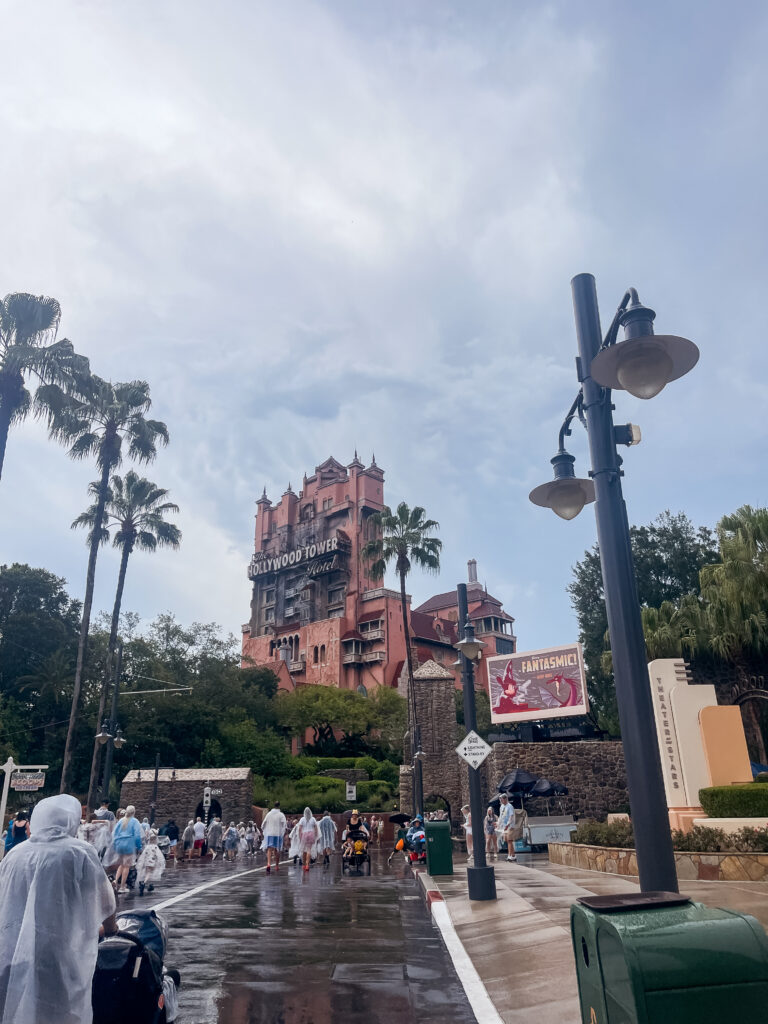 Tower of Terror in the rain during summer at Hollywood Studios